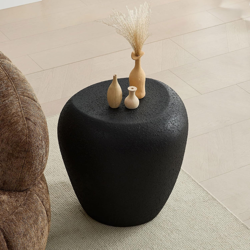 Faux Rock Side Table with Lightly Rought Rock Design,Irregular Drum End Table Fiberglass Accent Stone-Like Nightstand for Living Room,No Assembly