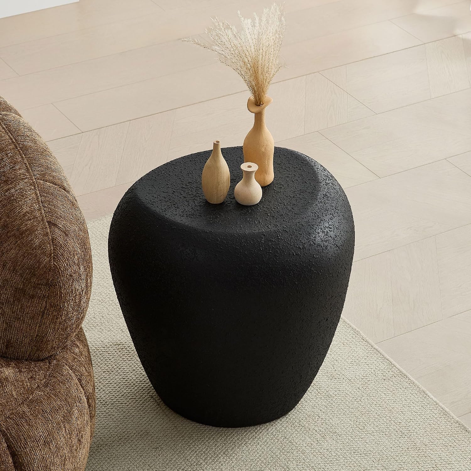 Faux Rock Side Table with Lightly Rought Rock Design,Irregular Drum End Table Fiberglass Accent Stone-Like Nightstand for Living Room,No Assembly
