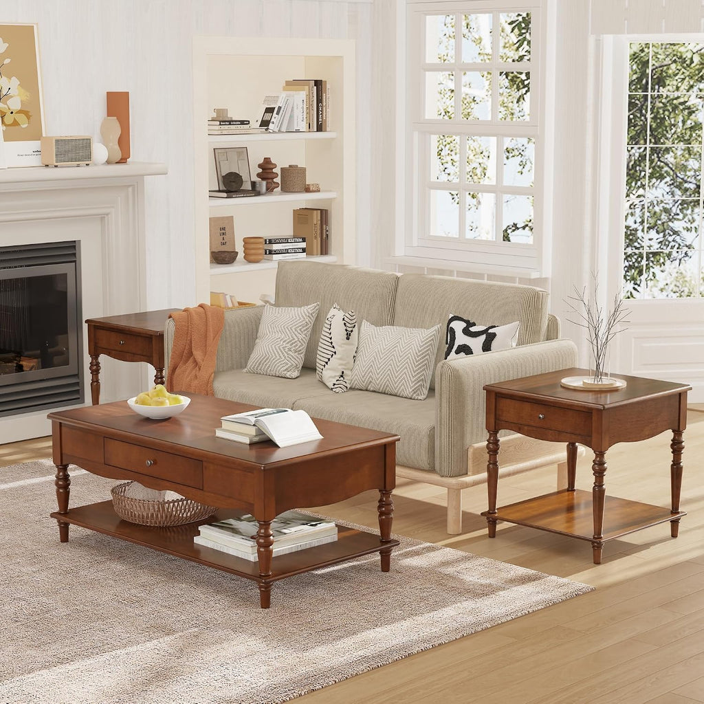 Large End Table with Drawer and Storage Shelf, Solid Wood Sofa Side Table, Slim Beside Table,Telephone for Small Spaces, Living Room, 22.8'L x 22.8'W x 24'H ,No-Tools Assembly,Caramel Brown CJZC008DR