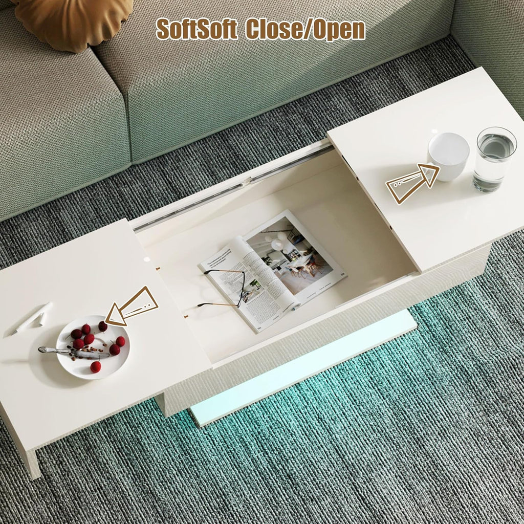 HedoAjim White LED Coffee Table with Storage for Living Room, Living Room Table Rectangular Center Table, Modern High Glossy Wooden Coffee Tables with 16 Colors LED Lights for Dining Reception Room