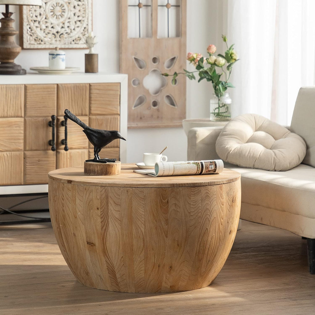 Round Wood Coffee Table End Table Side Table Set of 2 with Storage for Living Room, Modern Farmhouse Bucket Shaped Drum Coffee Table for Living Room Apartment, 2-Pcs