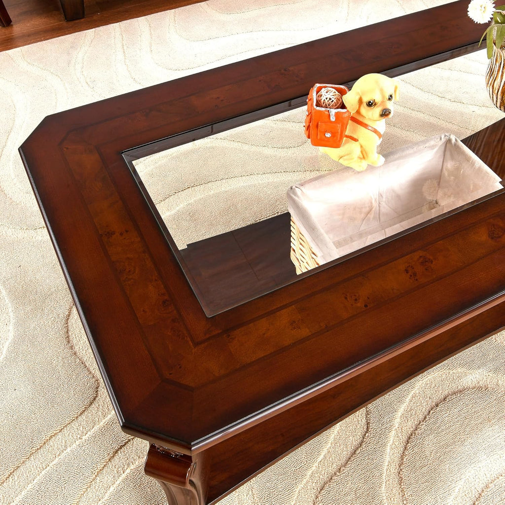 LEEMTORIG Coffee Table Set of 3 for Living Room, 3 Piece Glass Top Coffee Table and End Tables Set, Solid Wood Queen Anne Style 2-Tier Tables with Storage, Cherry Walnut KFZCJZ-A1168-GT