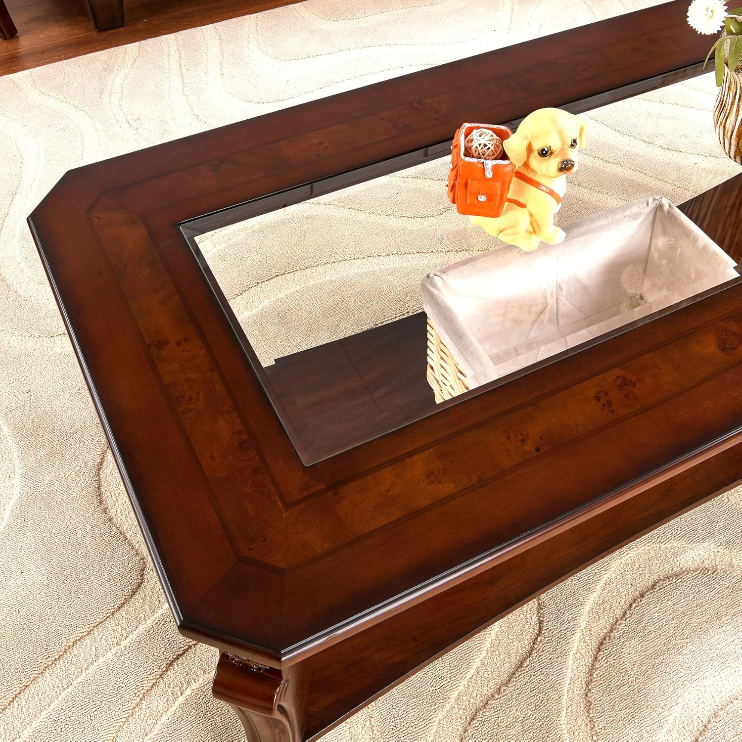 LEEMTORIG Coffee Table Set of 3 for Living Room, 3 Piece Glass Top Coffee Table and End Tables Set, Solid Wood Queen Anne Style 2-Tier Tables with Storage, Cherry Walnut KFZCJZ-A1168-GT