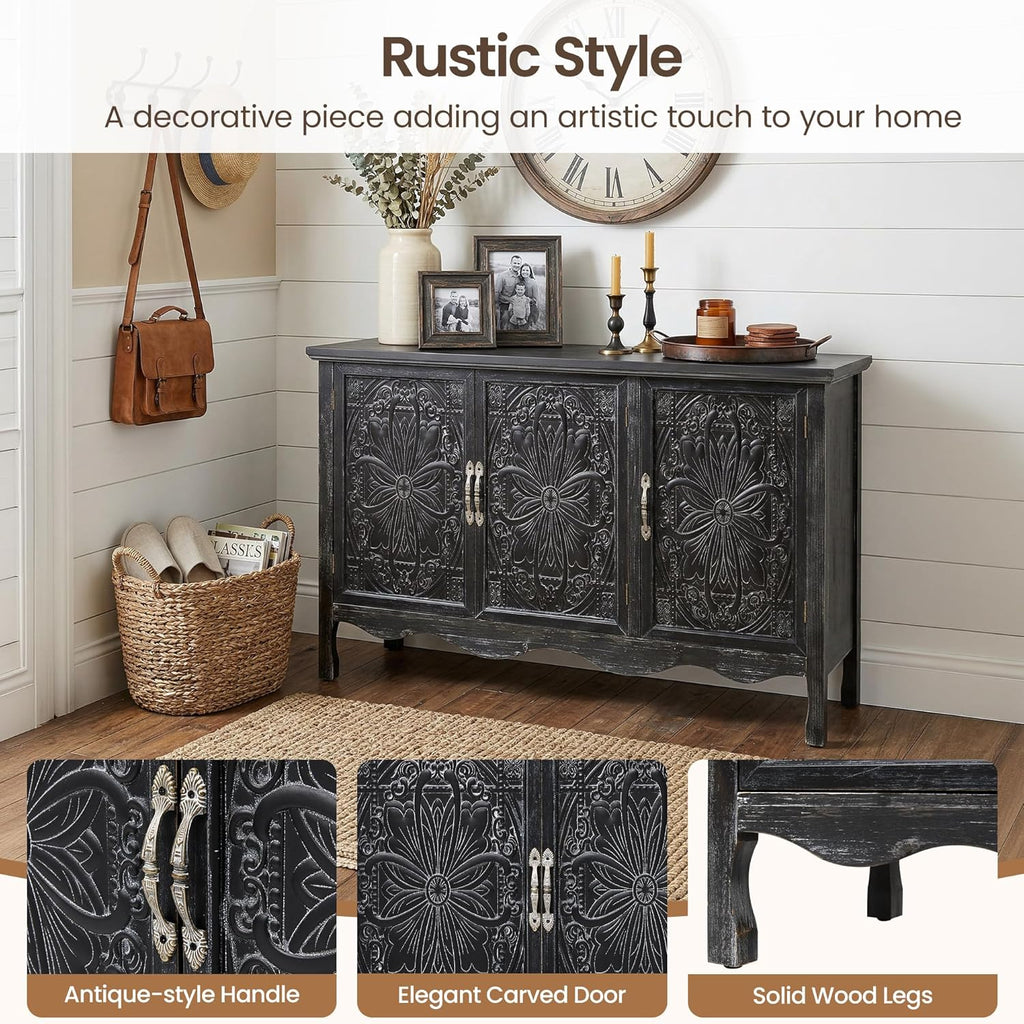RoyalCraft Buffet Cabinet with Storage, Vintage Solid Wood Sideboard Table Coffee Bar Wine Bar Storage Cabinet with 3 Doors for Dining Room, Living Room, Hallway, Distressed Black