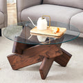 33.4'' Tempered Glass Round Coffee Table for Living Room, Modern Circle Coffee Table, Glass Tabletop & Wood Base, Easy Assembly, Walnut