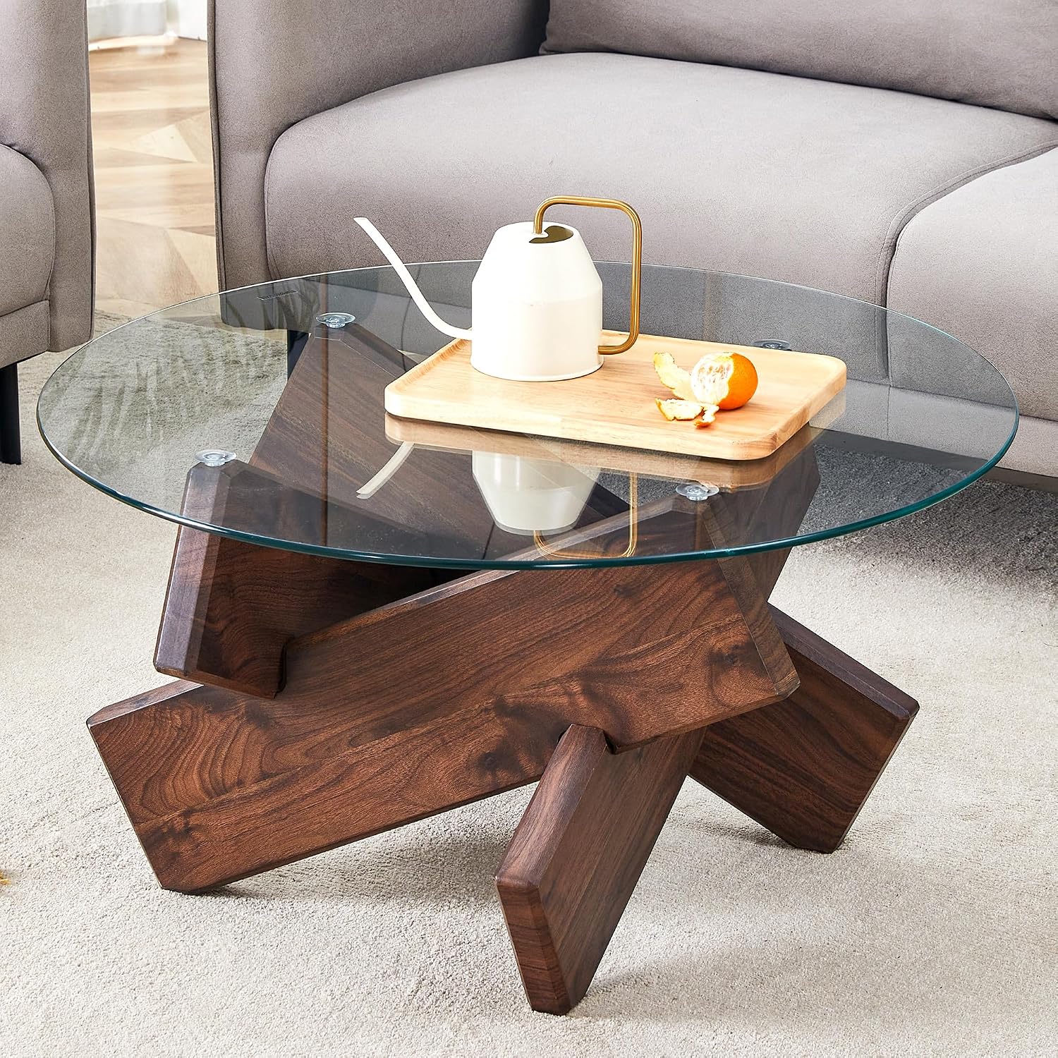33.4'' Tempered Glass Round Coffee Table for Living Room, Modern Circle Coffee Table, Glass Tabletop & Wood Base, Easy Assembly, Walnut