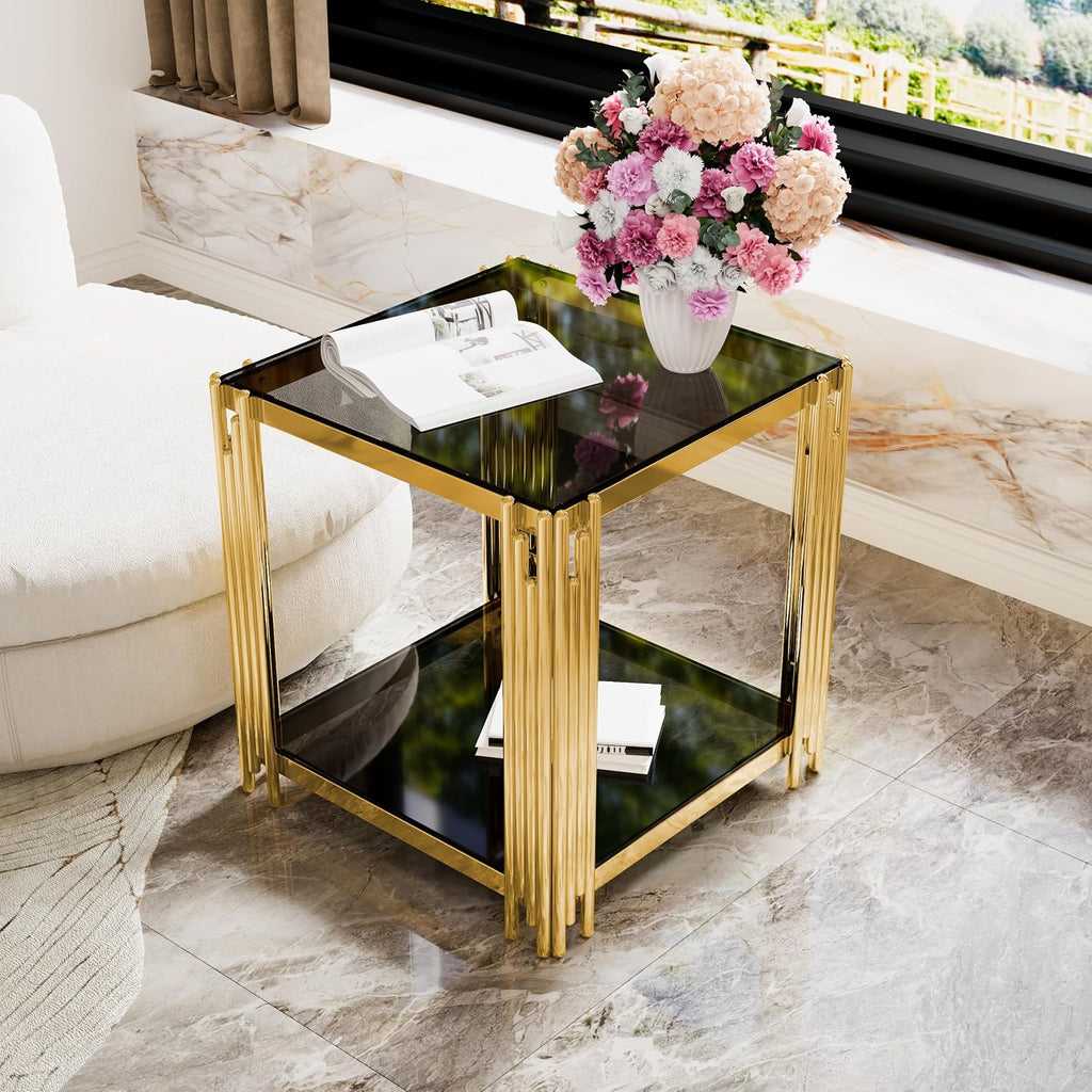 19.9'' Tempered Glass Side Tabel Square End for Living Room, 2-Tier Modern Accent Square Design, Transparent Mirror Tabletop & Metal Drum Base, Easy Assembly, Black & Gold