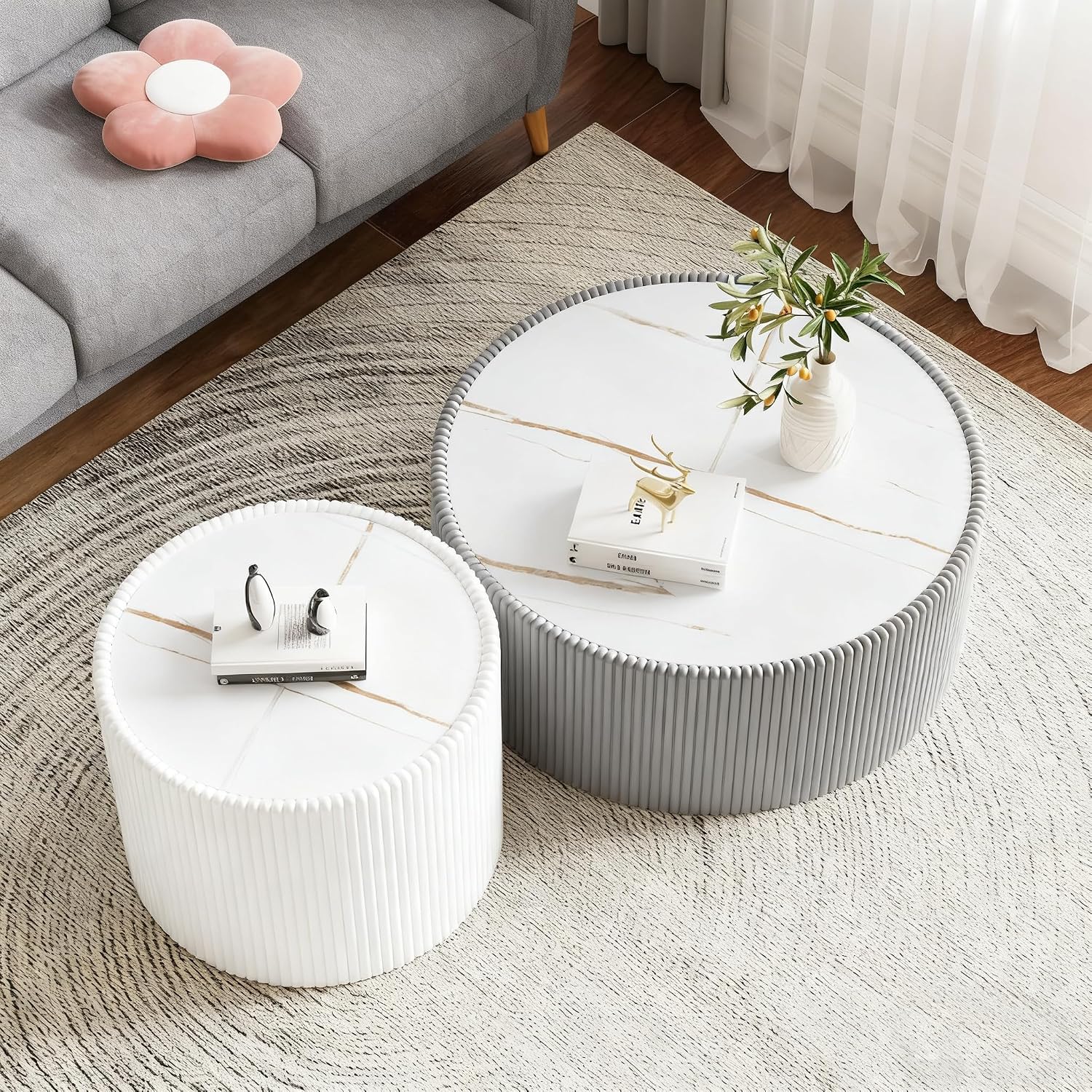 Modern Round Coffee Table Set of 2 Luxury Sintered Stone Top Coffee End Table in Grey/White Leatherette Drum-Shape Small Coffee Side End Tables for Living Room,Fully Assembled