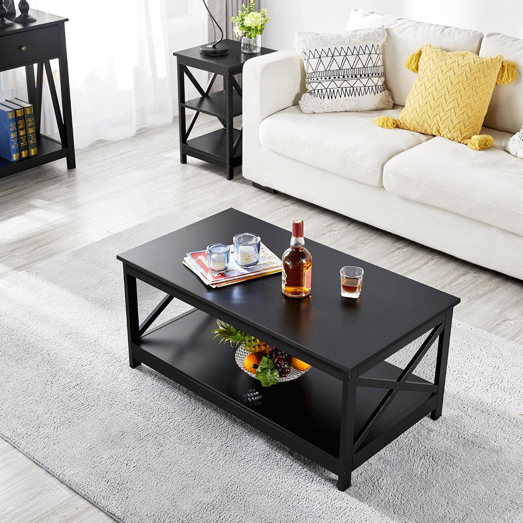 Topeakmart Living Room Table Set of 3, X-Design Occasional Set with 1 Coffee Table and 2 Sofa Side End Tables, Black