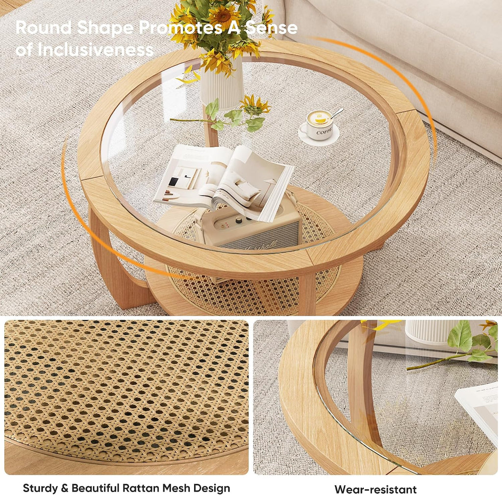 Round Wood Coffee Table with Glass Top, Solid Wooden Circle Center Table with Curved Legs and Handmade Rattan Storage Shelf, Farmhouse Cocktail Table for Living Room, Light Brown 32.28' x 18'