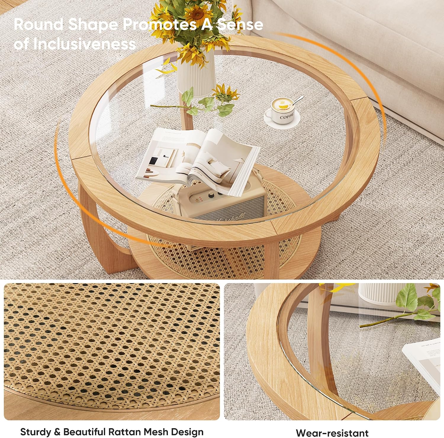 Round Wood Coffee Table with Glass Top, Solid Wooden Circle Center Table with Curved Legs and Handmade Rattan Storage Shelf, Farmhouse Cocktail Table for Living Room, Light Brown 32.28' x 18'