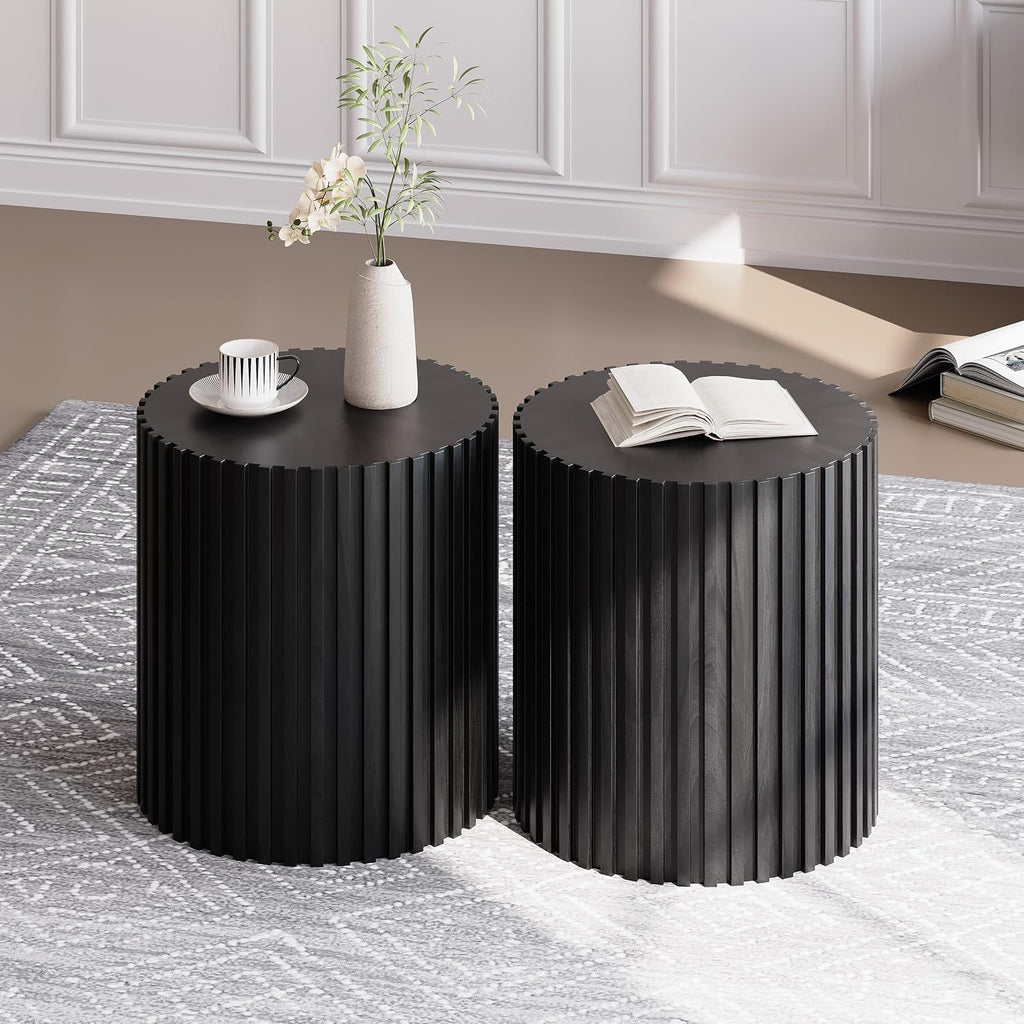 POVISON Side Table, Round Wood Coffee Table Modern Side Table End Table for Living Room, Fluted Coffee Table, Black, Fully Assembled