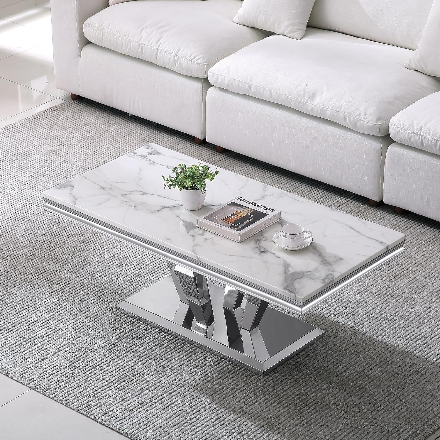 3 Pieces Coffee Table Set, Faux Marble Living Room Table Set of 3, Modern Coffee Table and 2 End Tables with Diamond-Shaped Stainless Steel Base for Living Room (White Silver)