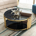 31.5'' Tempered Glass Round Coffee Table for Living Room, 2-Tier Modern Circle Coffee Table, Glass Tabletop & Stainless Steel Frame, Easy Assembly, Black & Gold