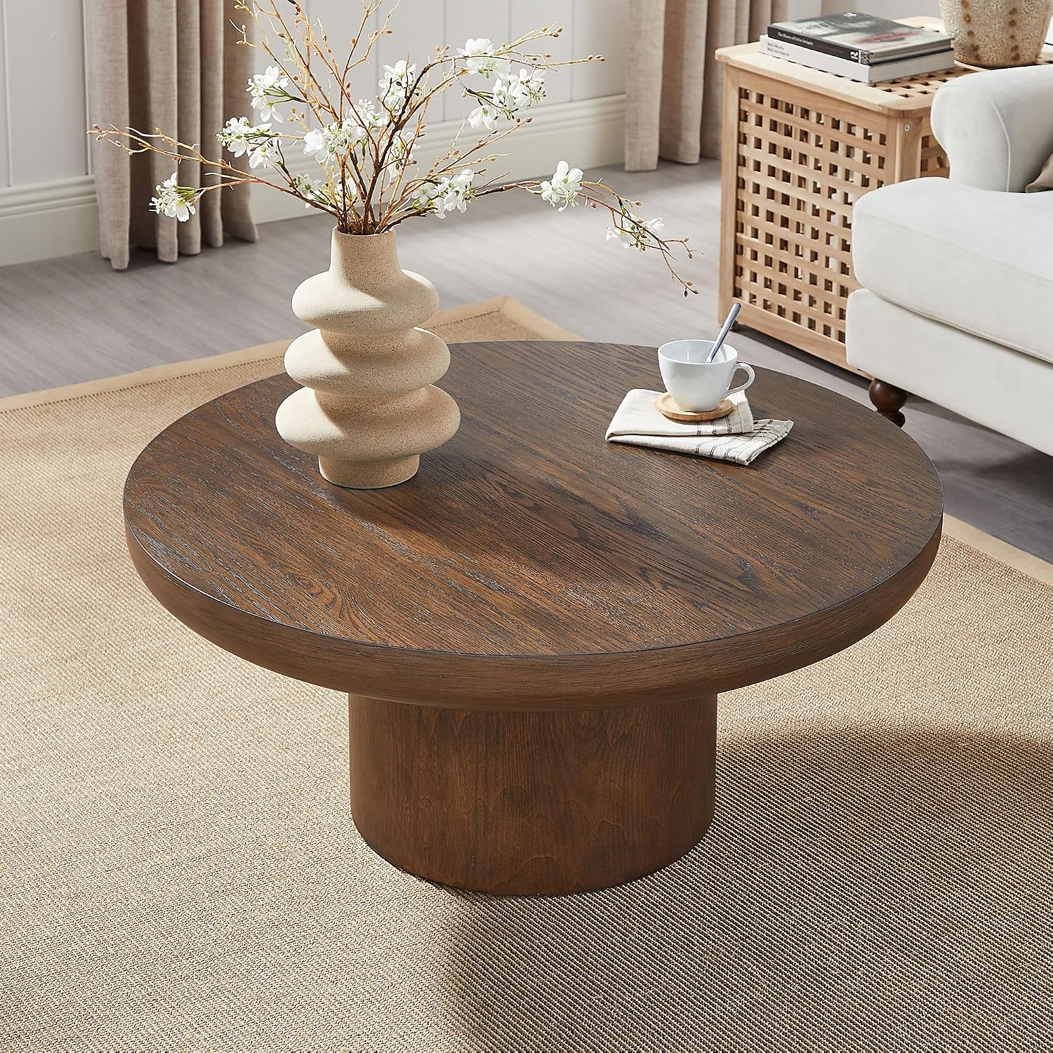 35.98'' Round Wood Coffee Table for Living Room Mushroom Coffee Table Mid Century Modern Center Table with Pedestal Farmhouse Rustic Tea Table for Apartment Office，Brown