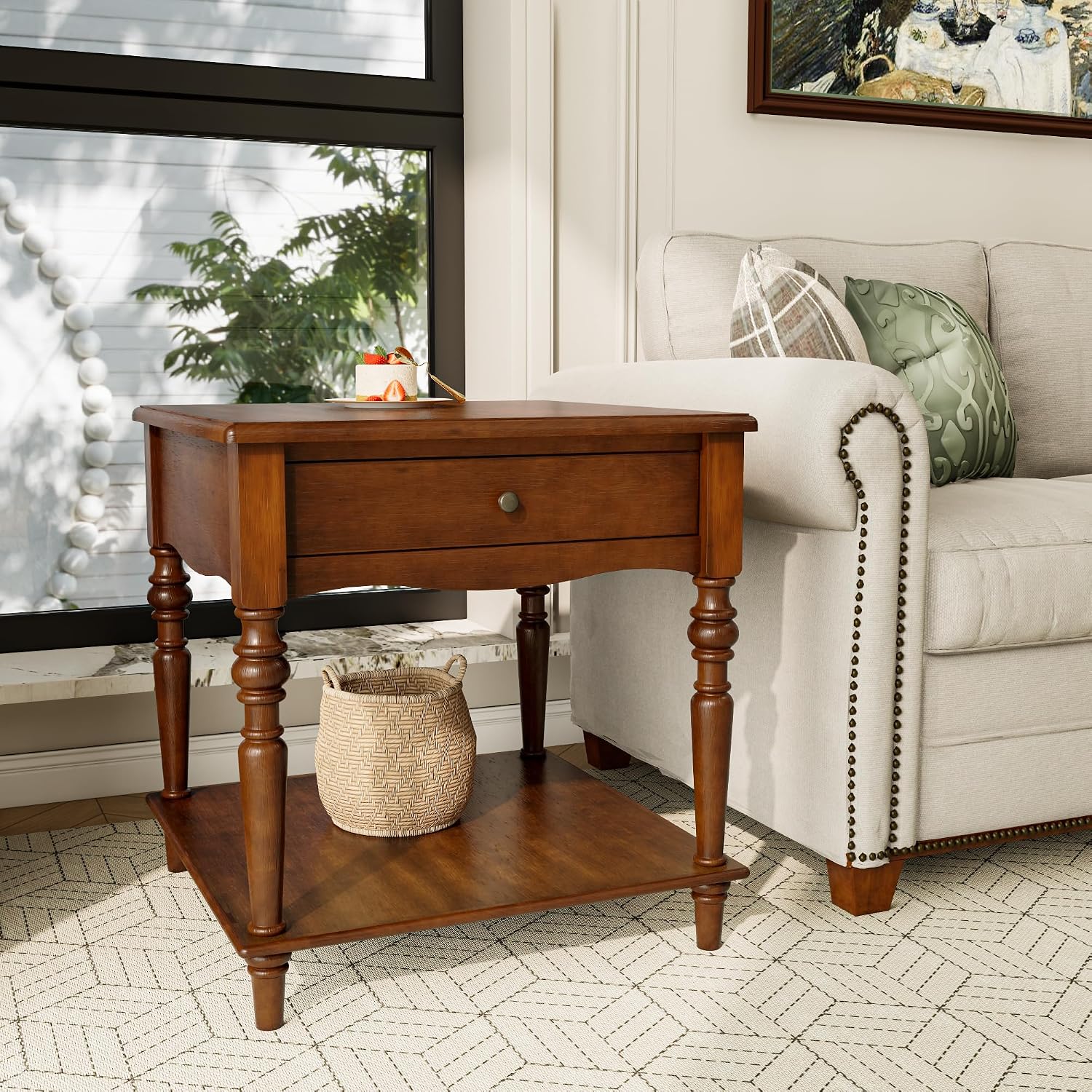 Large End Table with Drawer and Storage Shelf, Solid Wood Sofa Side Table, Slim Beside Table,Telephone for Small Spaces, Living Room, 22.8'L x 22.8'W x 24'H ,No-Tools Assembly,Caramel Brown CJZC008DR