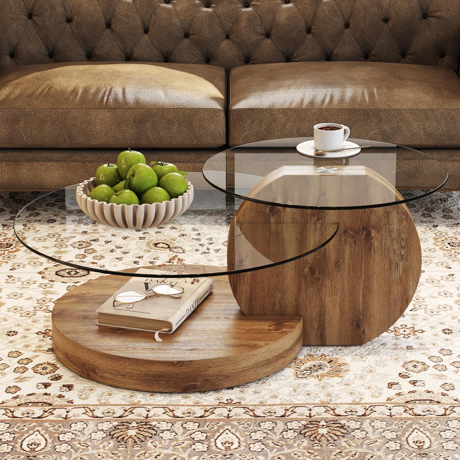Modern Glass Coffee Table,Small Round Coffee Tables, 42' 3-Tier Circle Wood Coffee Table for Living Room Rustic Circle Center Cocktail Table with Tempered Glass, Unique Accent Table for Small Spaces