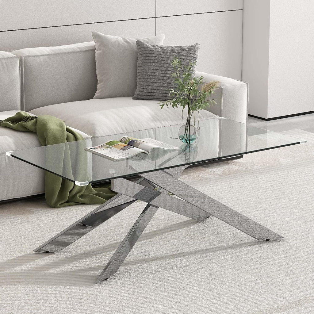 3 Pieces Living Room Table Set, 47' Glass Coffee Table and 2 End Table, Glass Coffee Table Set with Tempered Glass Tabletop and Metal Legs, for Living Room, Leisure, Apartment