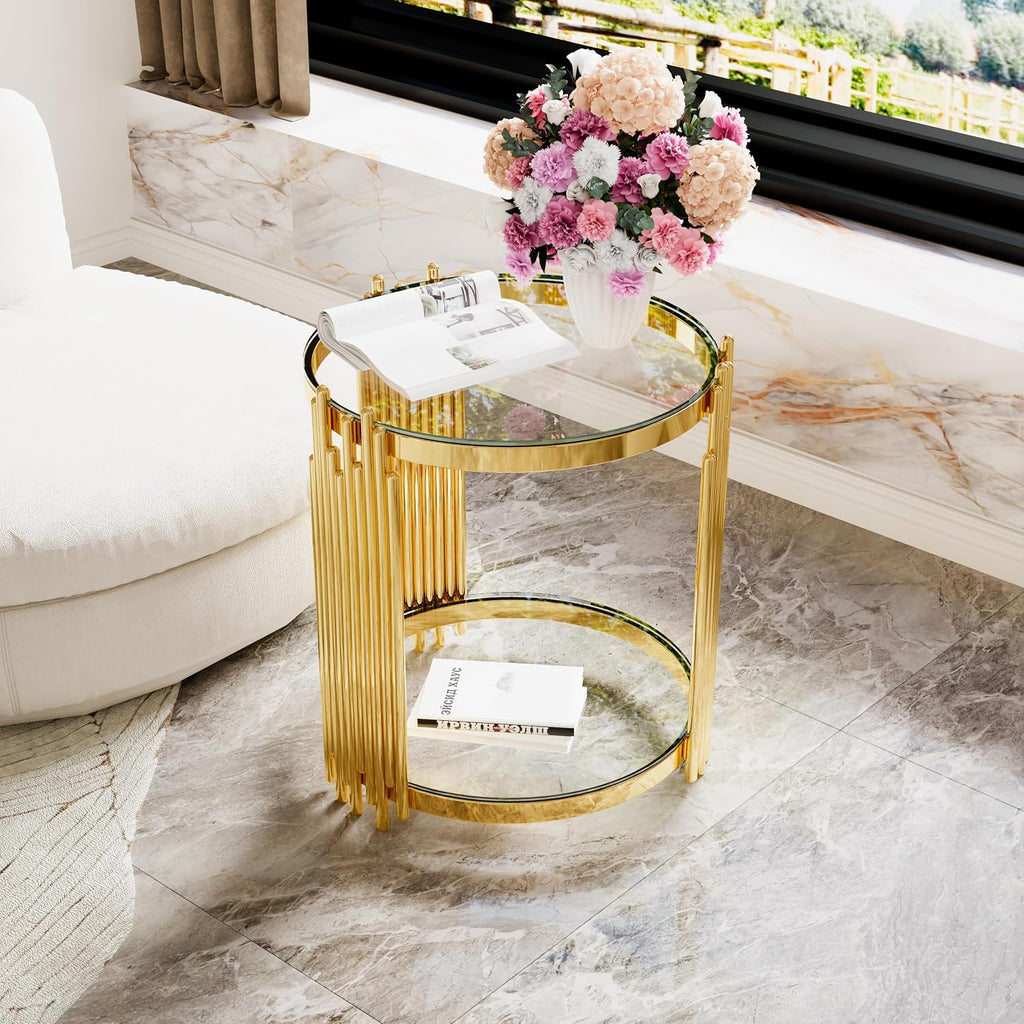19.8'' Tempered Glass Side Tabel Round End for Living Room, 2-Tier Modern Accent Circle Design, Transparent Mirror Tabletop & Metal Drum Base, Easy Assembly, Transparent & Gold