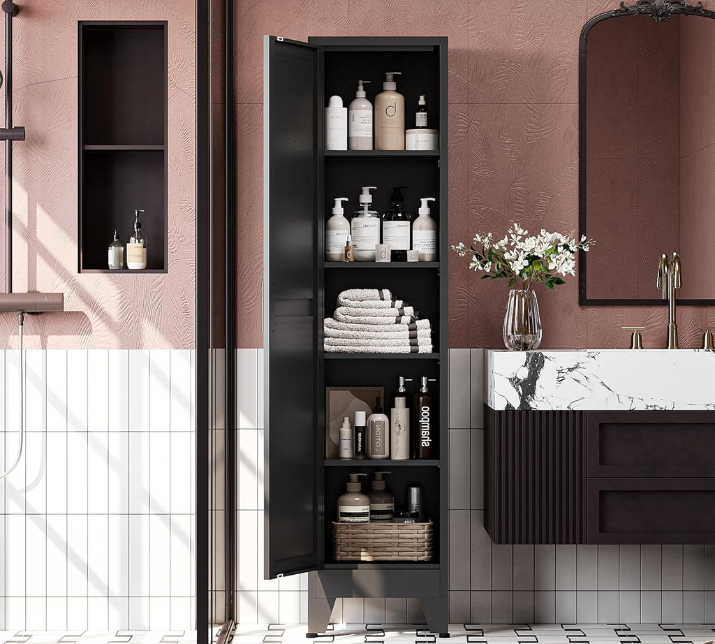 67'H Metal Narrow Kitchen Pantry Cabinet,Black Skinny Pantry Cabinet,Tall Narrow Bathroom Storage Cabinet with Adjustable Shelves,Slim and Thin Pantry Cabinets for Living Room Dining Room