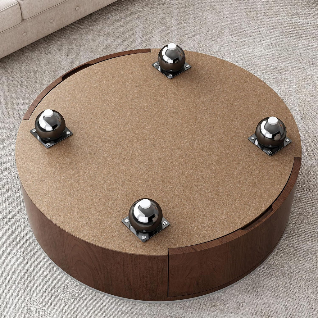 35.4'' Sintered Stone Round Coffee Table with 2 Drawer Storage Space, Modern Wood Circle Drum Coffee Table for Living Room, Stainless Legs, Brown & White