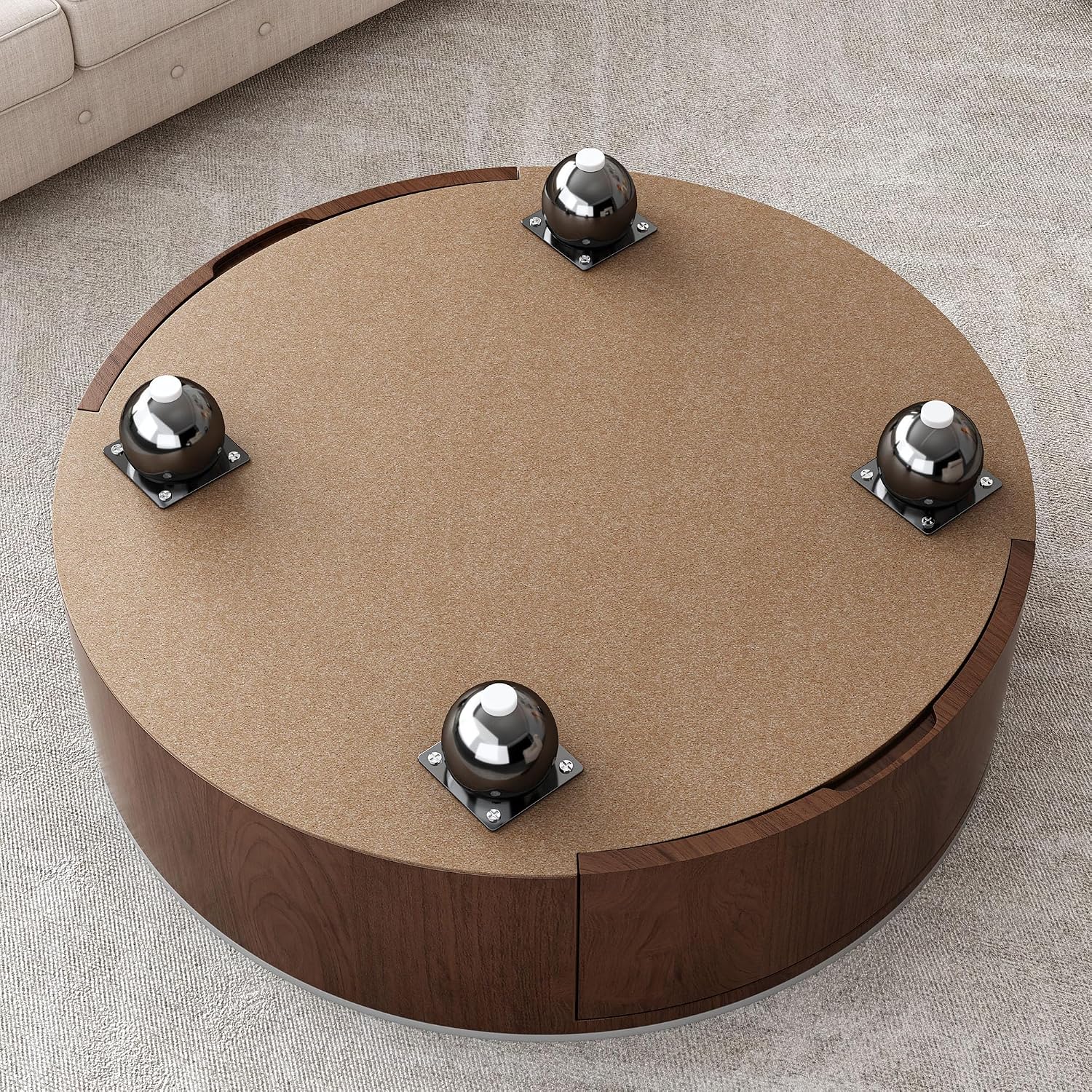 35.4'' Sintered Stone Round Coffee Table with 2 Drawer Storage Space, Modern Wood Circle Drum Coffee Table for Living Room, Stainless Legs, Brown & White