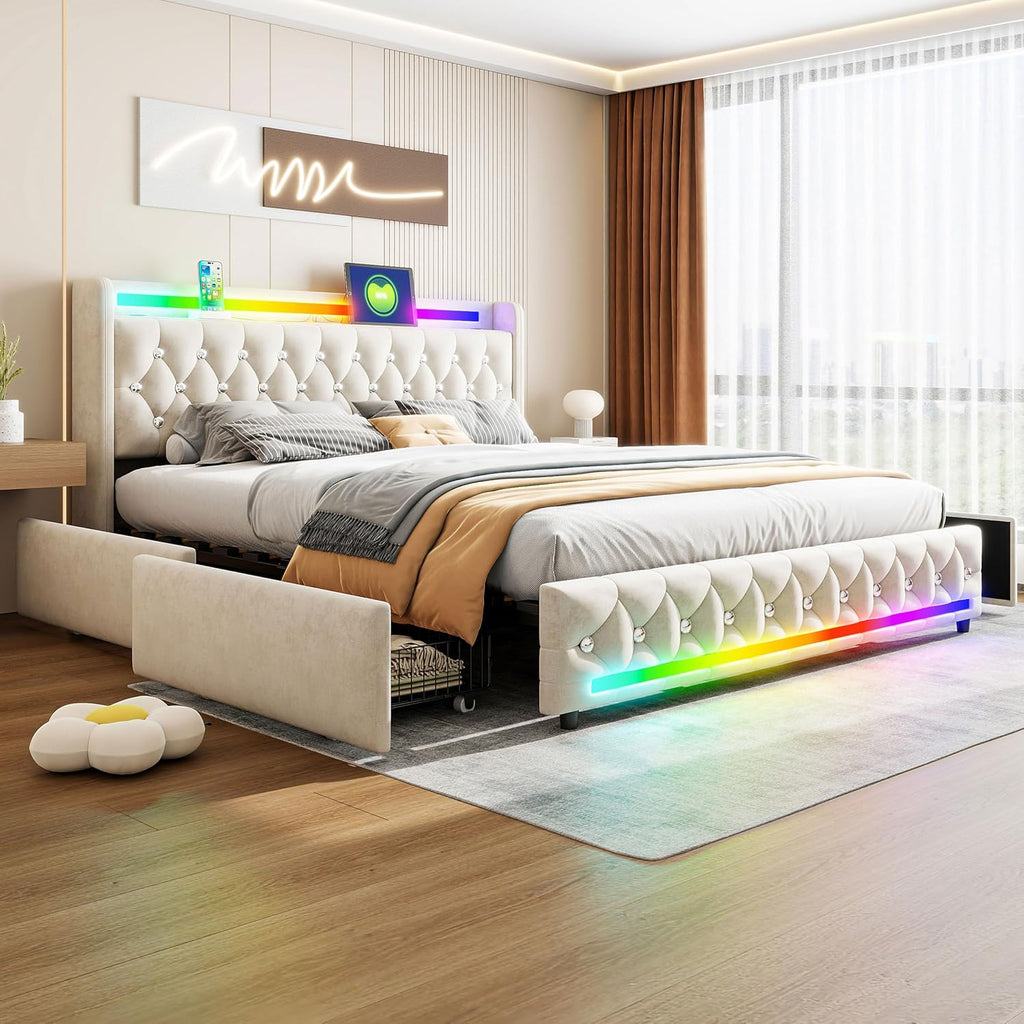 Music Player Bed with Bluetooth Speakers, Queen Size Smart Bed, Multi-Color LED Lighting,USB&Type C Charging Ports,4 Storage Drawers,Velvet Bed Frame with Headoard,Wooden Slats (Beige, Queen)