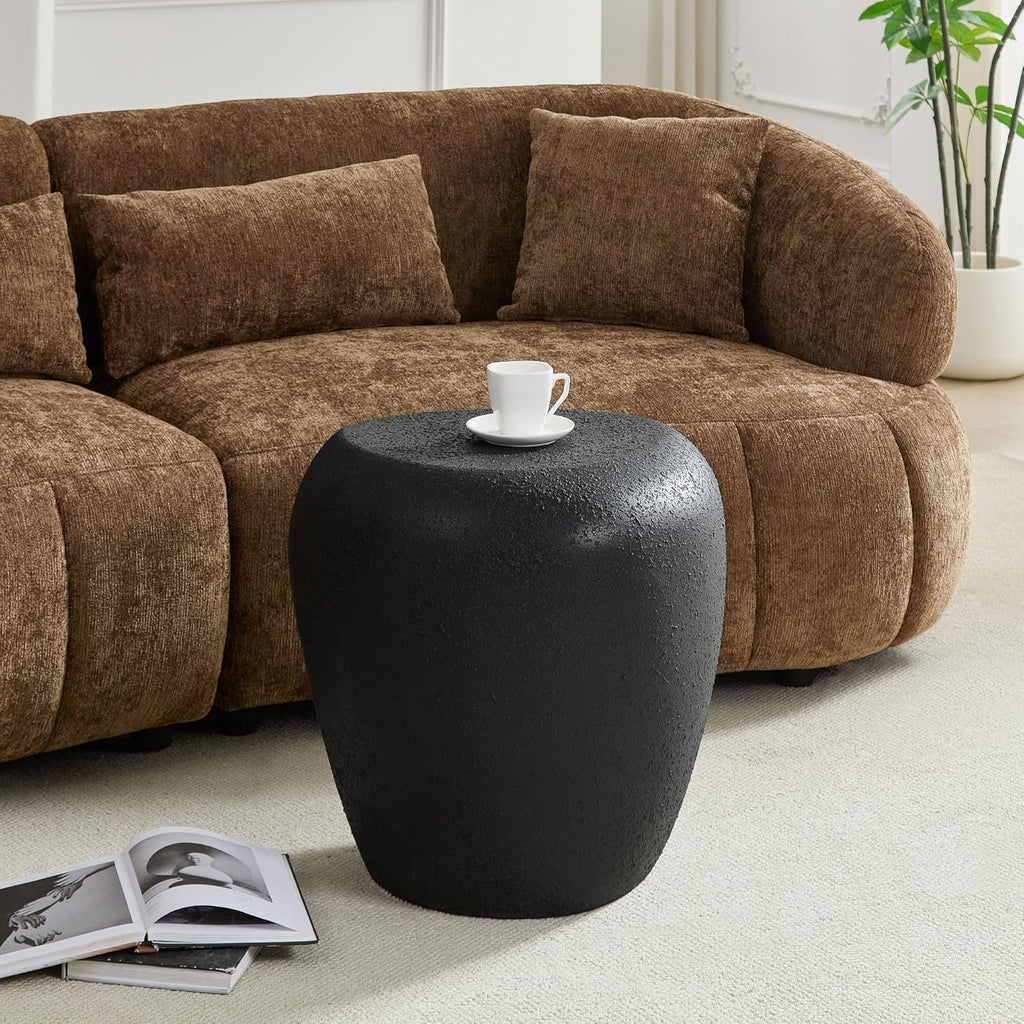Faux Rock Side Table with Lightly Rought Rock Design,Irregular Drum End Table Fiberglass Accent Stone-Like Nightstand for Living Room,No Assembly