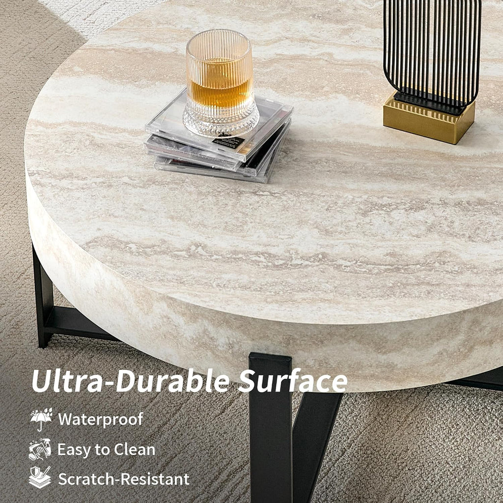 Modern Round Coffee Table Marble Coffee Table with Storage Travertine Stone Coffee Tables for Living Room Small Space Apartment