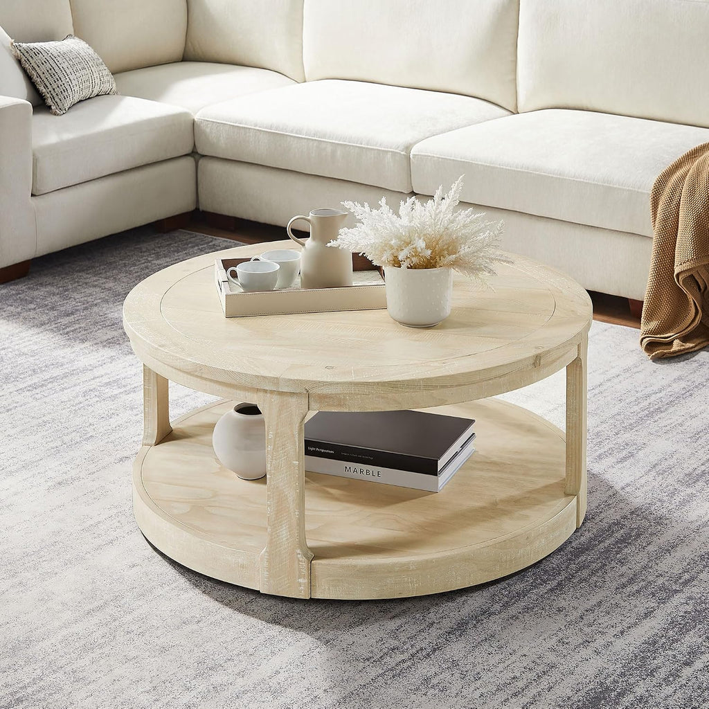 40'' Round Wood Coffee Table Circle Coffee Table with 4 Wheel for Living Room, Modern Retro Farmhouse Style, Easy Assembly, Oak/Wood(ø40'' x 17.52'')