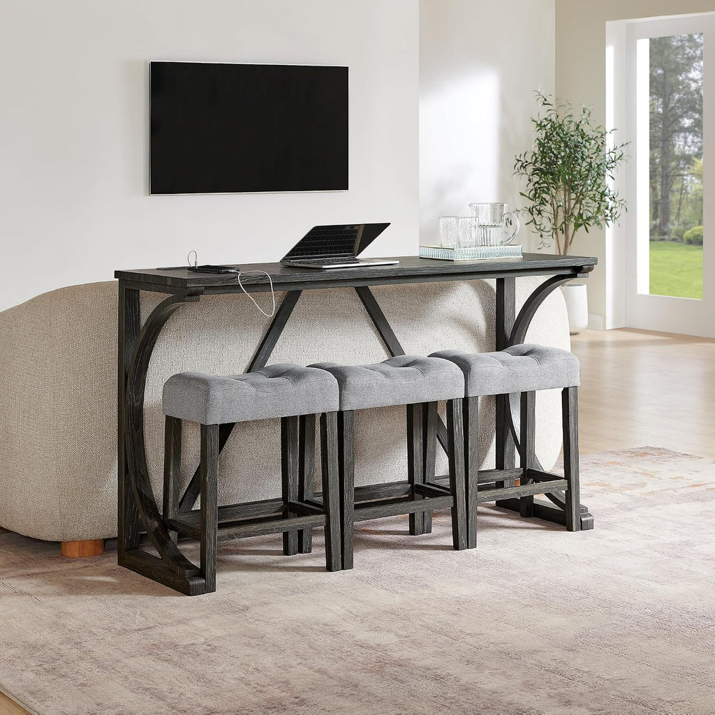 Merax 59 Inch Industrial Bar Table Set with Power Outlet, 3 Linen Upholstered Stools, Counter Height Table Set with 24 Inch Seat Height Stools for Kitchen, Living Room,Black+Light Gray