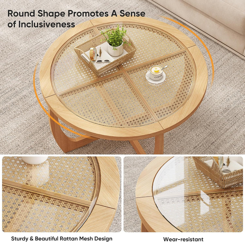 PADMA HOUSE Round Wood Coffee Table with Glass Rattan Top, Wooden Circle Center Table with Curved Legs & Removeable Tempered Glasstop, Cocktail Table for Living Room, Light Brown 32.28' x 18.15'