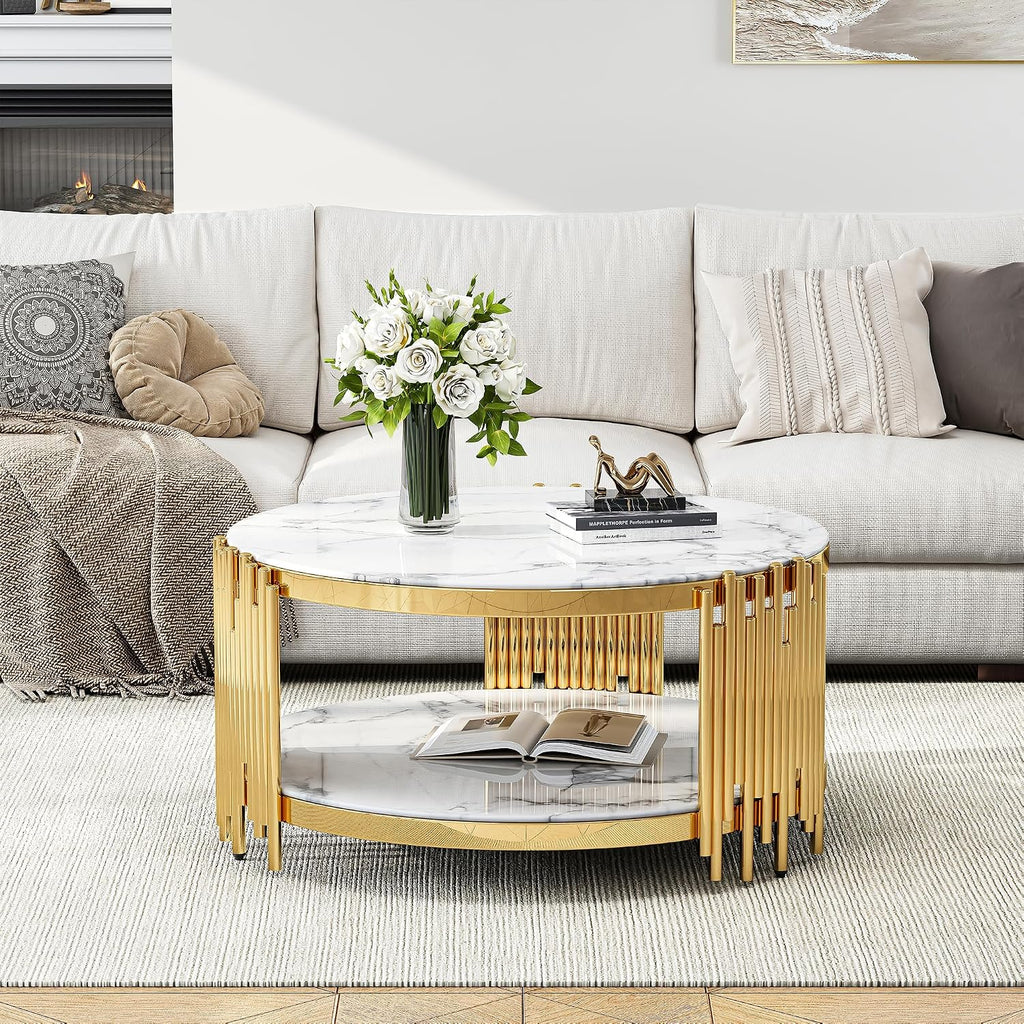 Round 2-Tier Coffee Table, 37' White Faux Marble Top and Gold Stainless Steel Frame, Luxury Modern Center Table for Living Room, Office or Apartment