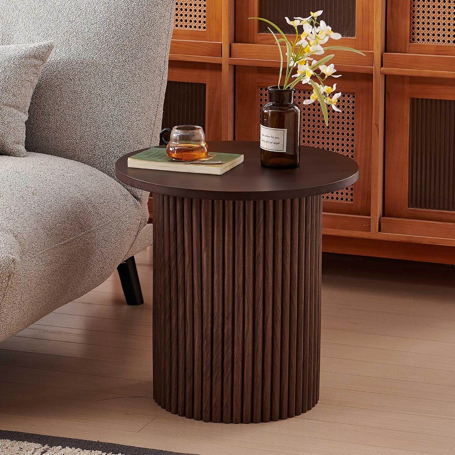19 Inch Round End Table, Small Accent Pedestal Side Table, Wood Bedside Table for Living Room, Bedroom, Walnut Wood Veneer