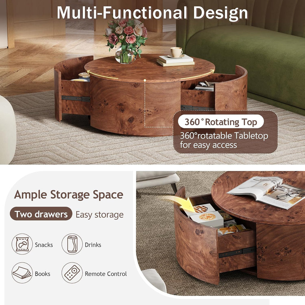 Flieks Burl Wood Rotating Coffee Table with 2 Drawers, 360° Rotating Top, Walnut, 28.4'