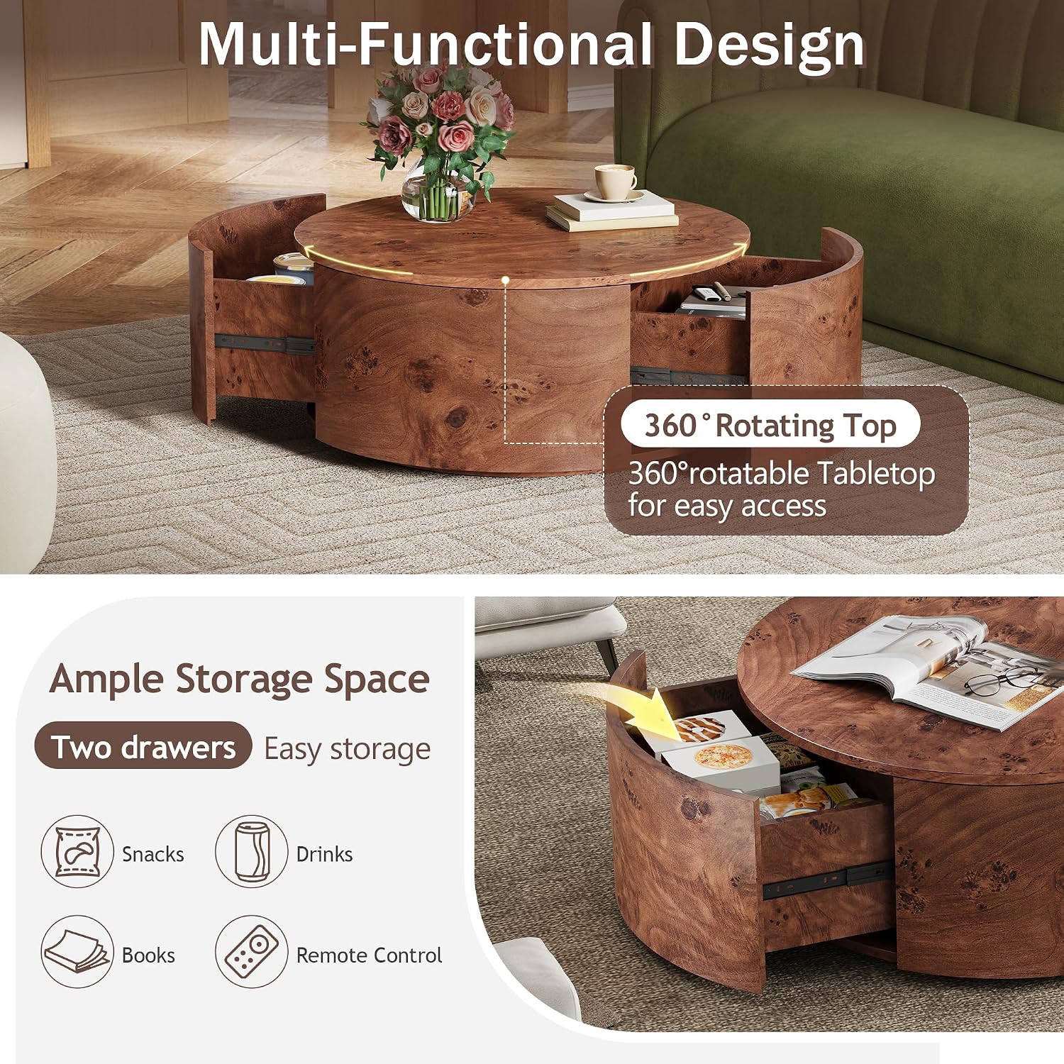 Flieks Burl Wood Rotating Coffee Table with 2 Drawers, 360° Rotating Top, Walnut, 28.4'