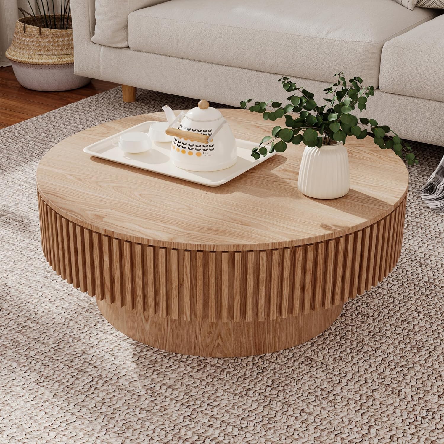 Oak Round Coffee Table with Storage for Living Room Wood Coffee Table Contemporary Circle Center Table for Apartment, Easy Assembly ø39.4
