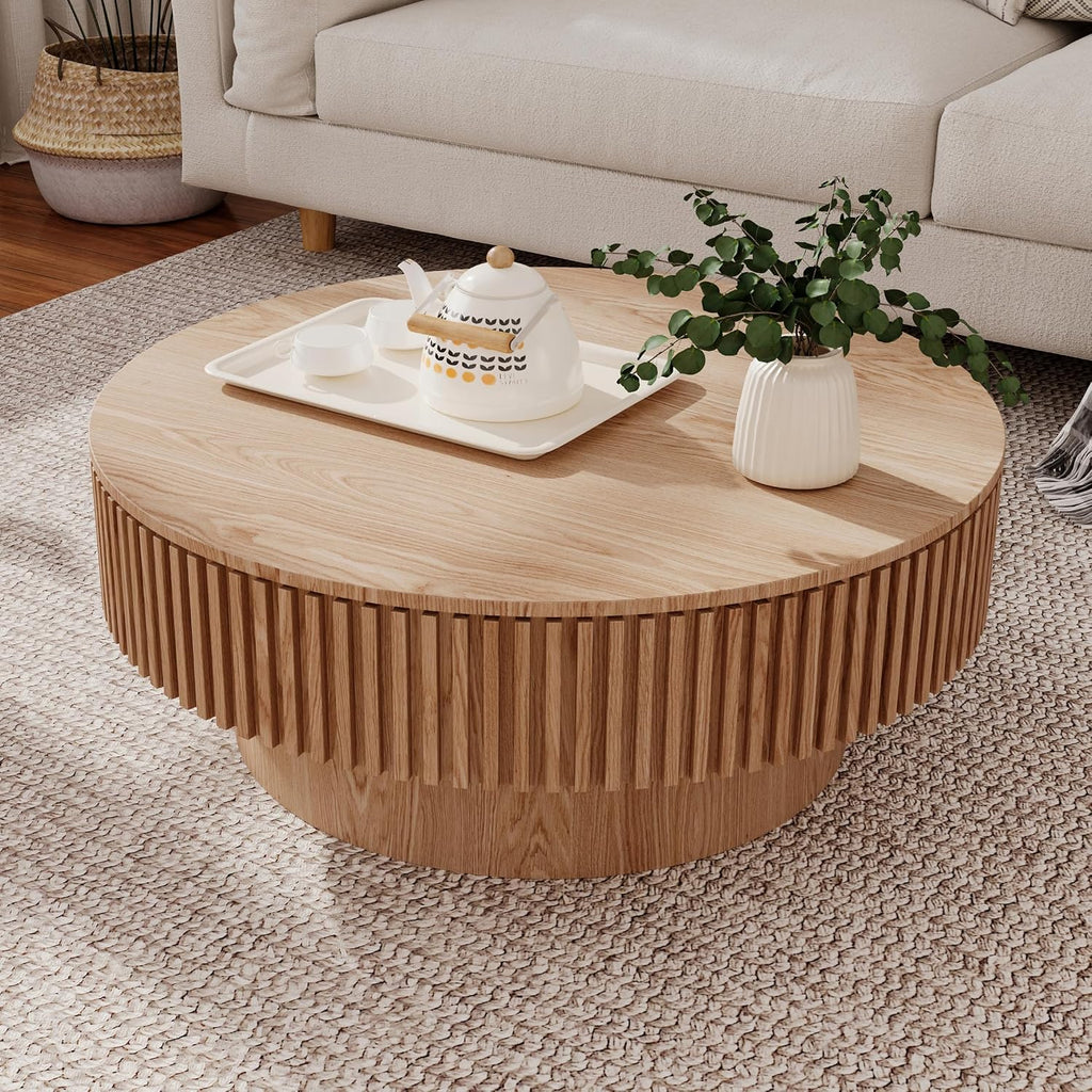 31.5' Round Coffee Table with Hidden Storage Compartment, Modern Handcraft Fluted Drum Coffee Table, Wooden Circle Center Table Cocktail Tea Table with Sturdy Pedestal for Living Room,Natural