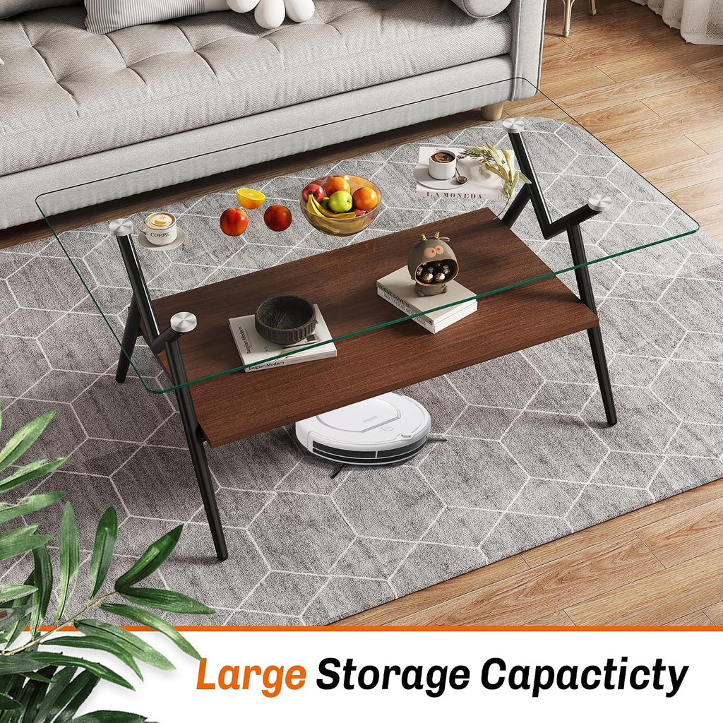 Glass Coffee Table Sets of 3 Modern Brown Living Room Table Set End Tables with Black Metal Legs & Wood Walnut Bottom Shelf, Center Cocktail Furniture, Clear + Brown