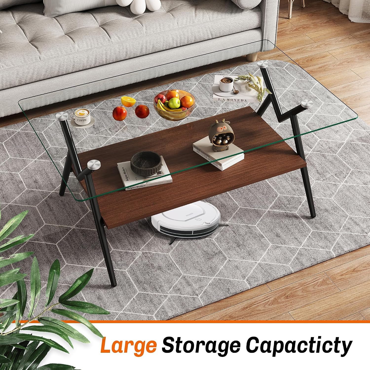 Glass Coffee Table Sets of 3 Modern Brown Living Room Table Set End Tables with Black Metal Legs & Wood Walnut Bottom Shelf, Center Cocktail Furniture, Clear + Brown