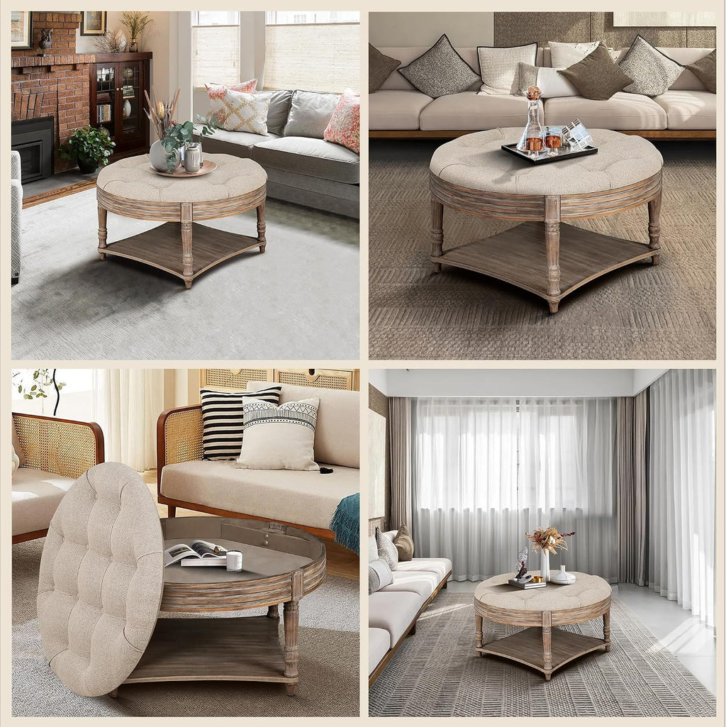 Large Round Storage Ottoman Coffee Table, 2 Tier Modern Upholstered Ottoman Footstool with Storage Shelf Tufted Linen Farmhouse Circle Coffee Table for Living Room (Khaki)