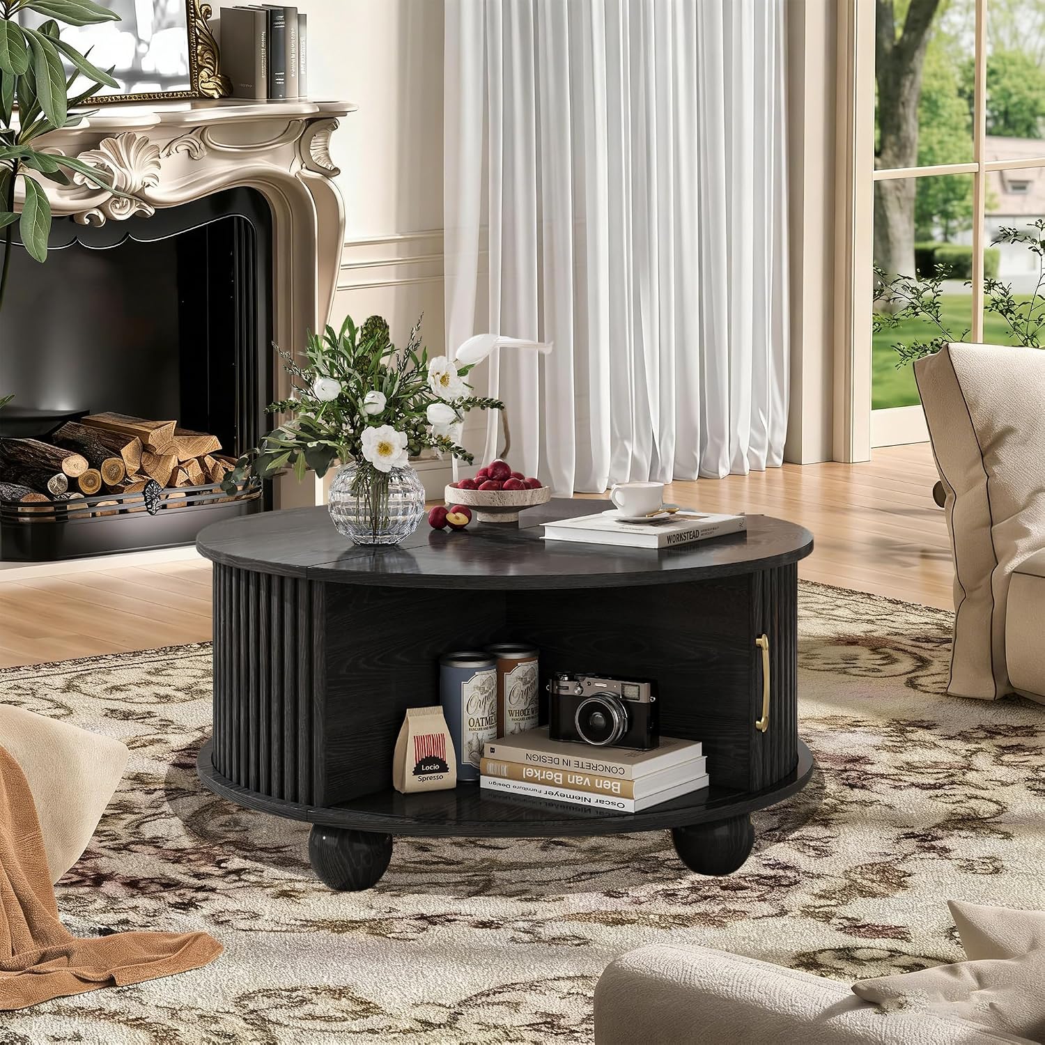 Round Coffee Table with Storage, Fluted Center Table with Sliding Tambour Door and Open Shelves, Mid Century Small Coffee Table for Living Room, Small Space, Black