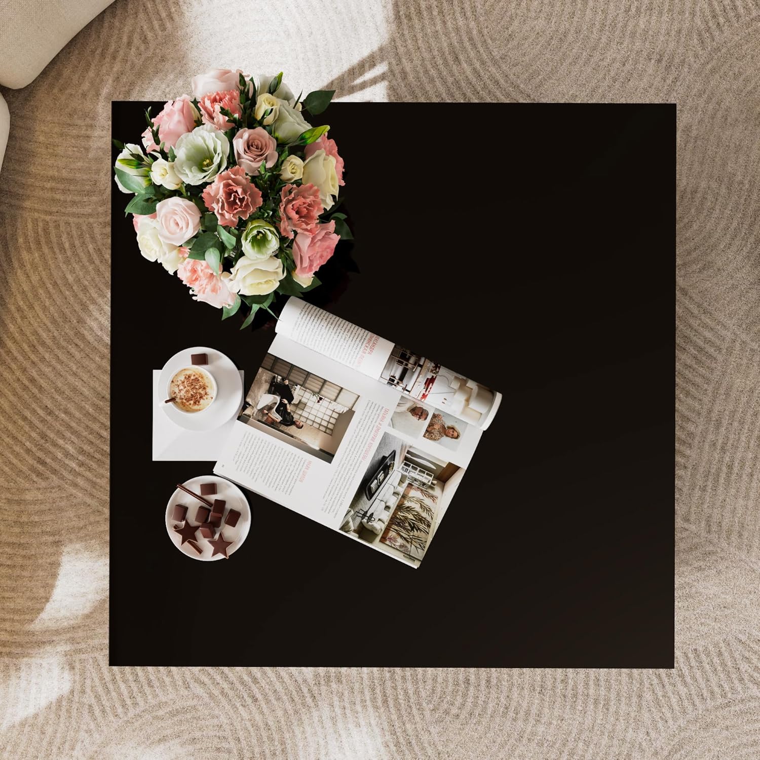 33.5'' Tempered Glass Square Coffee Table for Living Room, 2-Tier Modern Coffee Table, Black Mirror Tabletop & Metal Base, Easy Assembly, Black & Gold