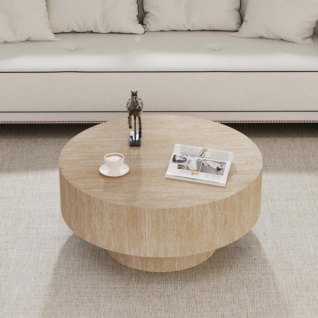 Round Travertine Coffee Table, with Large Tabletop & Base, Mid Century Rustic Circle Wood Center Table for Living Room Farmhouse Apartment, Easy Assembly (A)