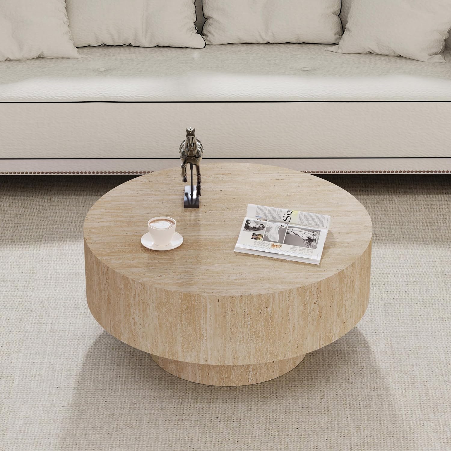 Round Travertine Coffee Table, with Large Tabletop & Base, Mid Century Rustic Circle Wood Center Table for Living Room Farmhouse Apartment, Easy Assembly (A)