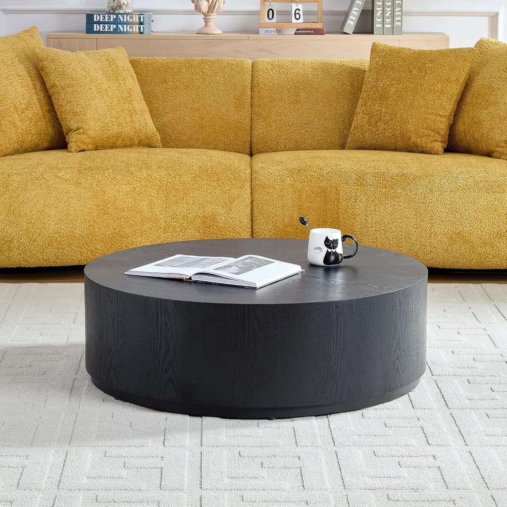ø35.43'' Black Round Coffee Table, Modern Circle Wood Drum Coffee Table for Living Room, No Assembly, Black