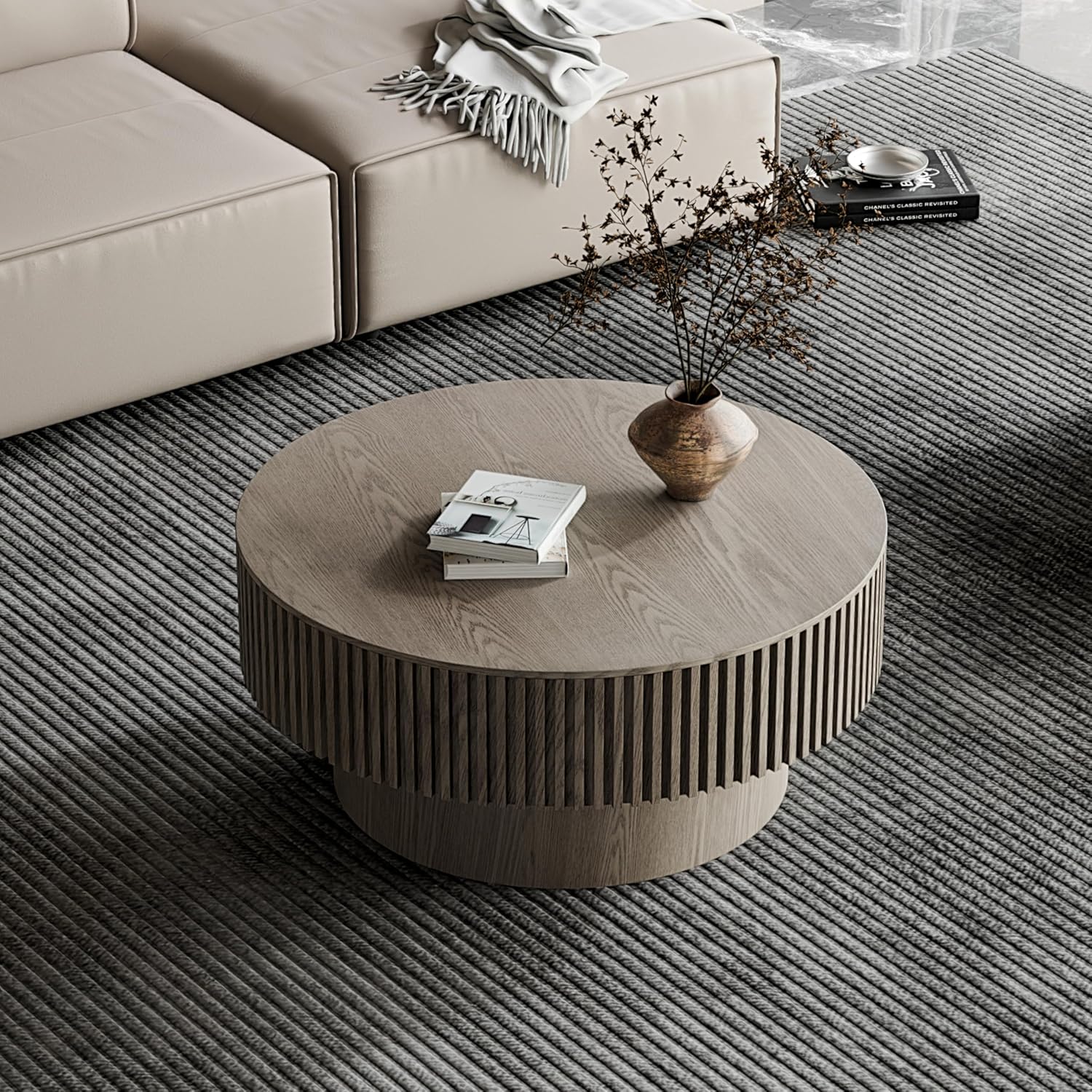 31.5' Round Coffee Table with Hidden Storage Compartment, Modern Handcraft Fluted Drum Coffee Table, Wooden Circle Center Table Cocktail Tea Table with Sturdy Pedestal for Living Room, Grey