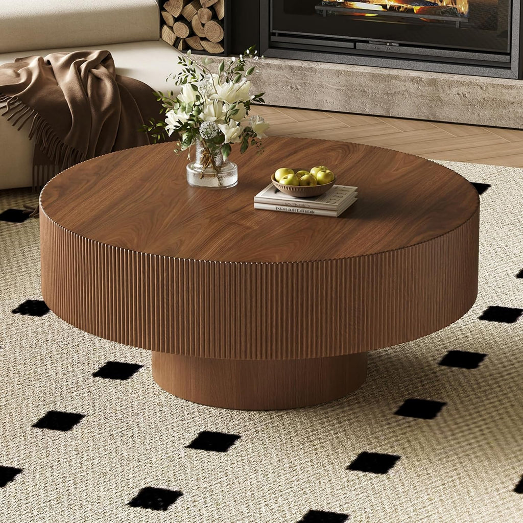 Merax Modern 35.4 Inch Round Large Coffee Table with Sturdy Base, Wood Center Table with 6.8' Thick Tabletop for Living Room Reception Room, Easy Assemble, Walnut