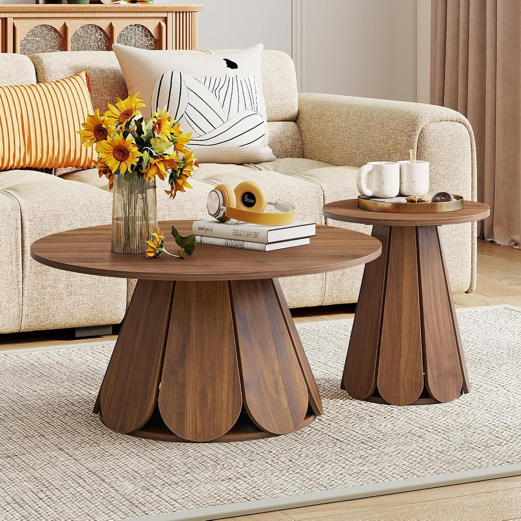 31.5' Round Coffee Table, Modern Farmhouse Wood Coffee Table with Pedestal Base, Small Space Circle Center Table for Living Room, Apartment, Walnut