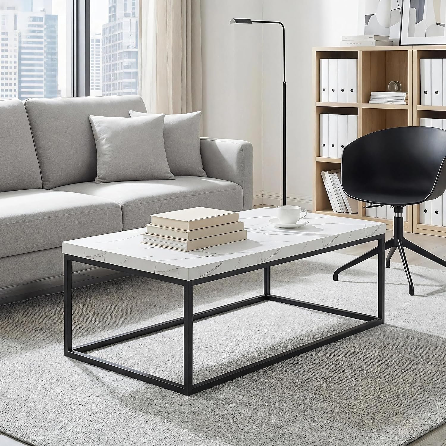 CENSI 47-Inch White Marble Coffee Table Ottoman Center Table for Living Room, Rectangle Modern Industrial Style,Wood and Metal (Marble)